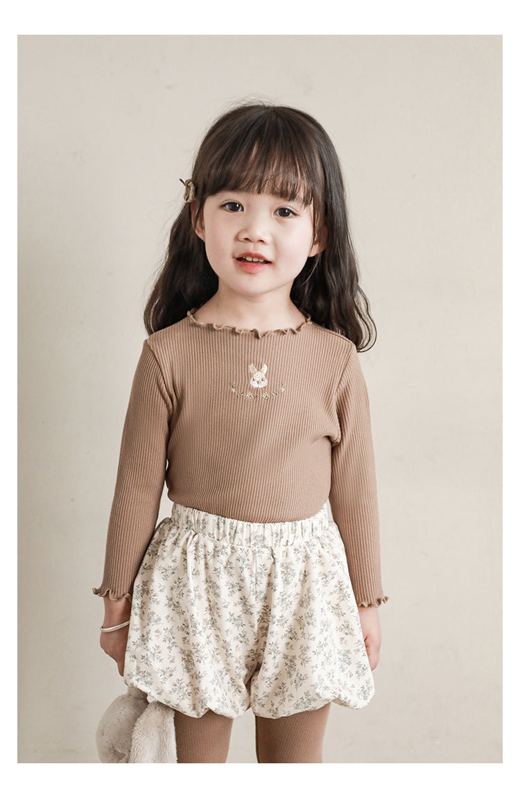 Baby Girl Bunny Embroidered Ribbed Top, Khaki Brown
