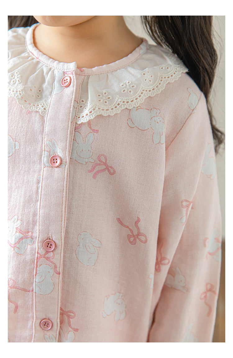 Girls Lace Collar Pyjama Set, Pink Bunny
