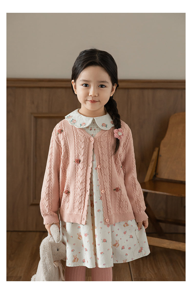 Baby Girl Floral Crochet Cable Knit Cardigan, Dusty Rose