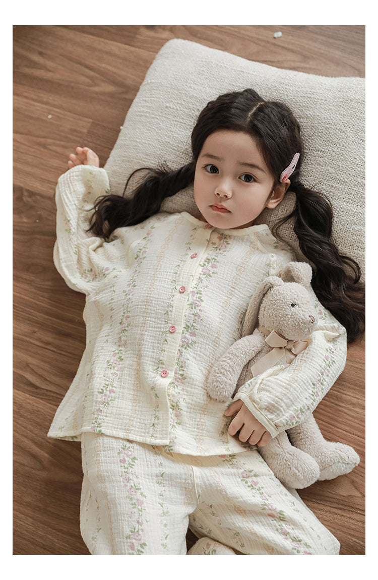 Girls Cotton Muslin Pyjama & Lounge Set, Striped Floral