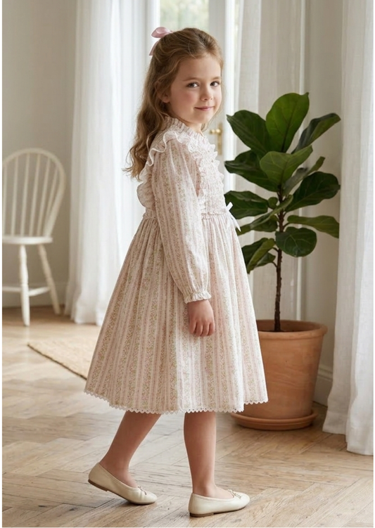 Rosalie Ruffled Smock Dress, Pink Floral Stripe