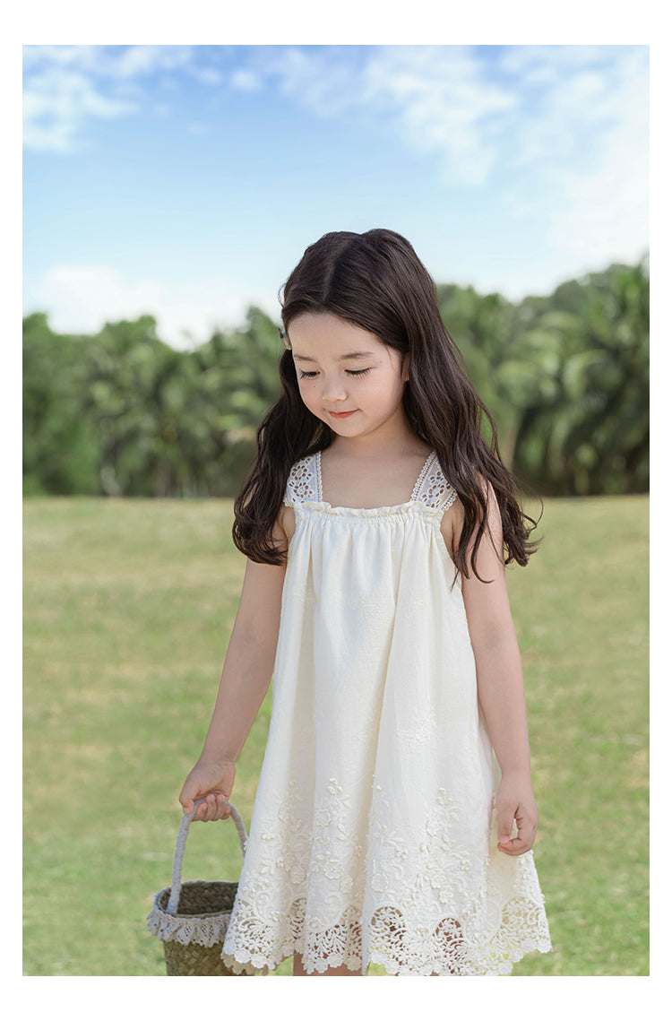 Girls Floral Embroidered Broderie Strap Dress, Ivory