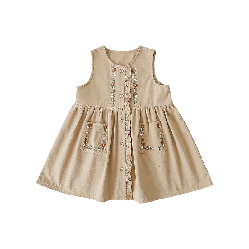 Front view of girls button-front dress with floral embroidery and classic silhouette