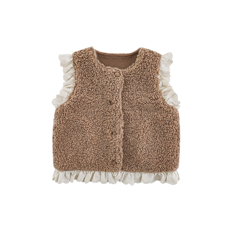 Girls Lace Trim Faux Shearling Teddy Vest, Latte