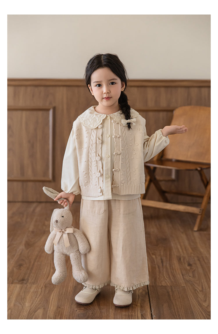 Girls Linen Blend Trousers with Ruffled Lace Hem, Oat