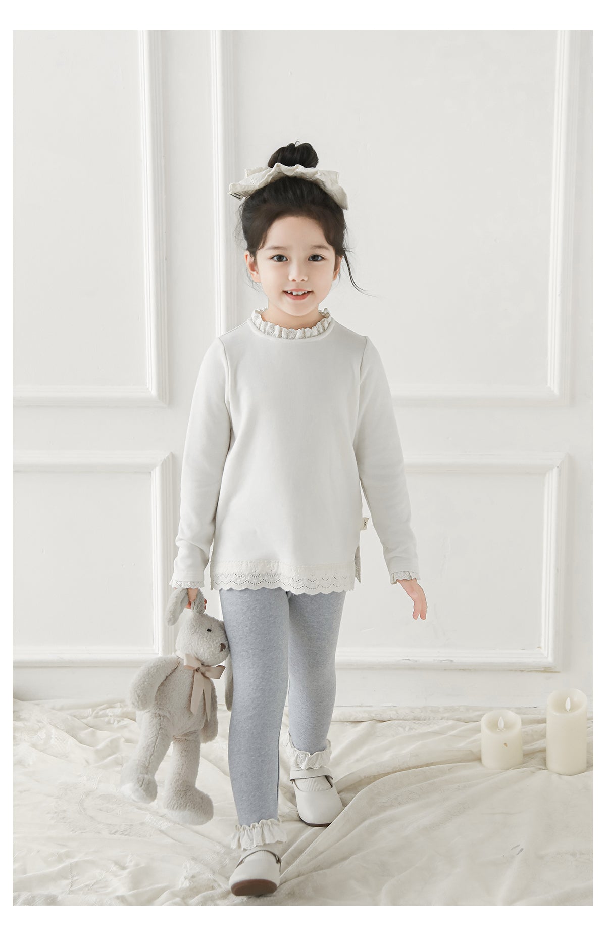 Girls Lace-Trim Cotton Leggings, Marl Grey