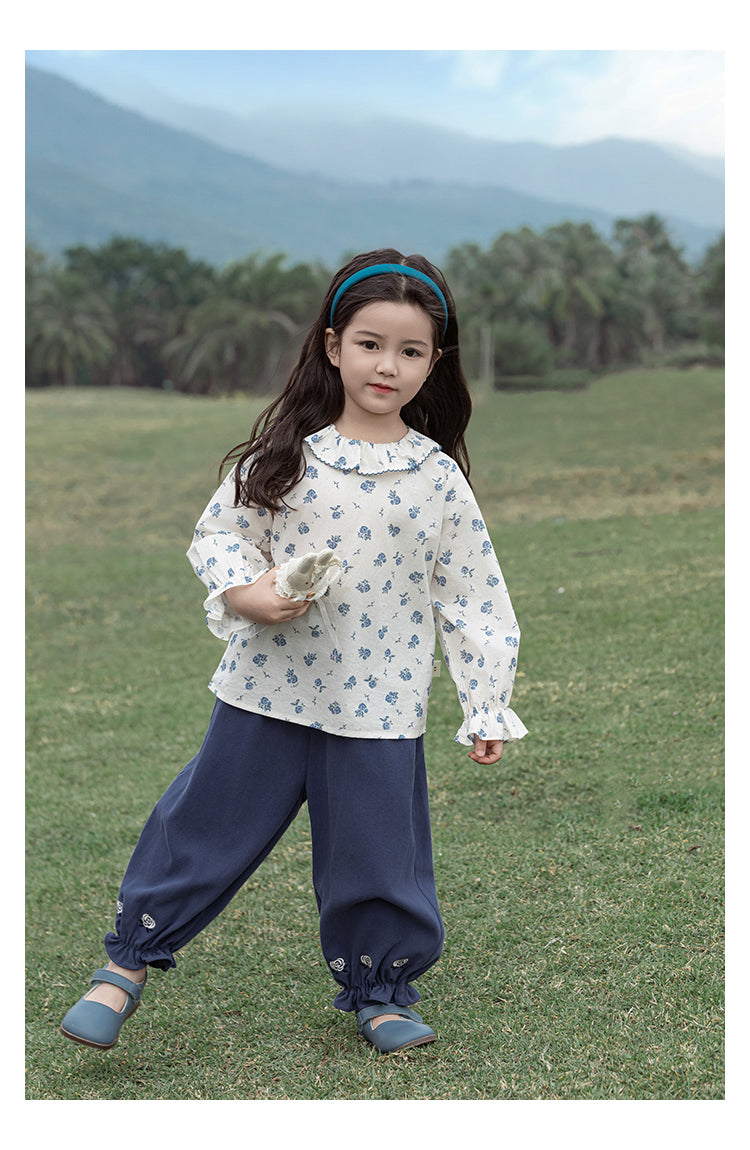 Girls Peter Pan Collar Blouse, Blue Floral