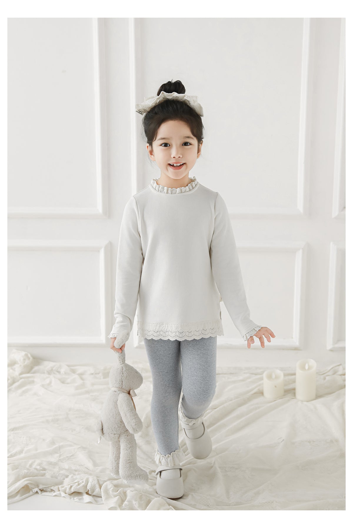 Girls Lace-Trim Cotton Leggings, Marl Grey