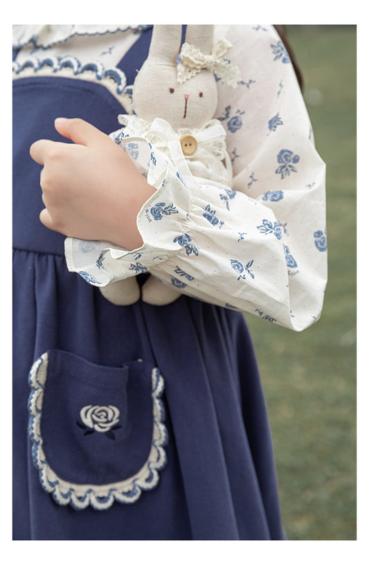 Close-up of blue floral print and cuffed sleeves on blouse