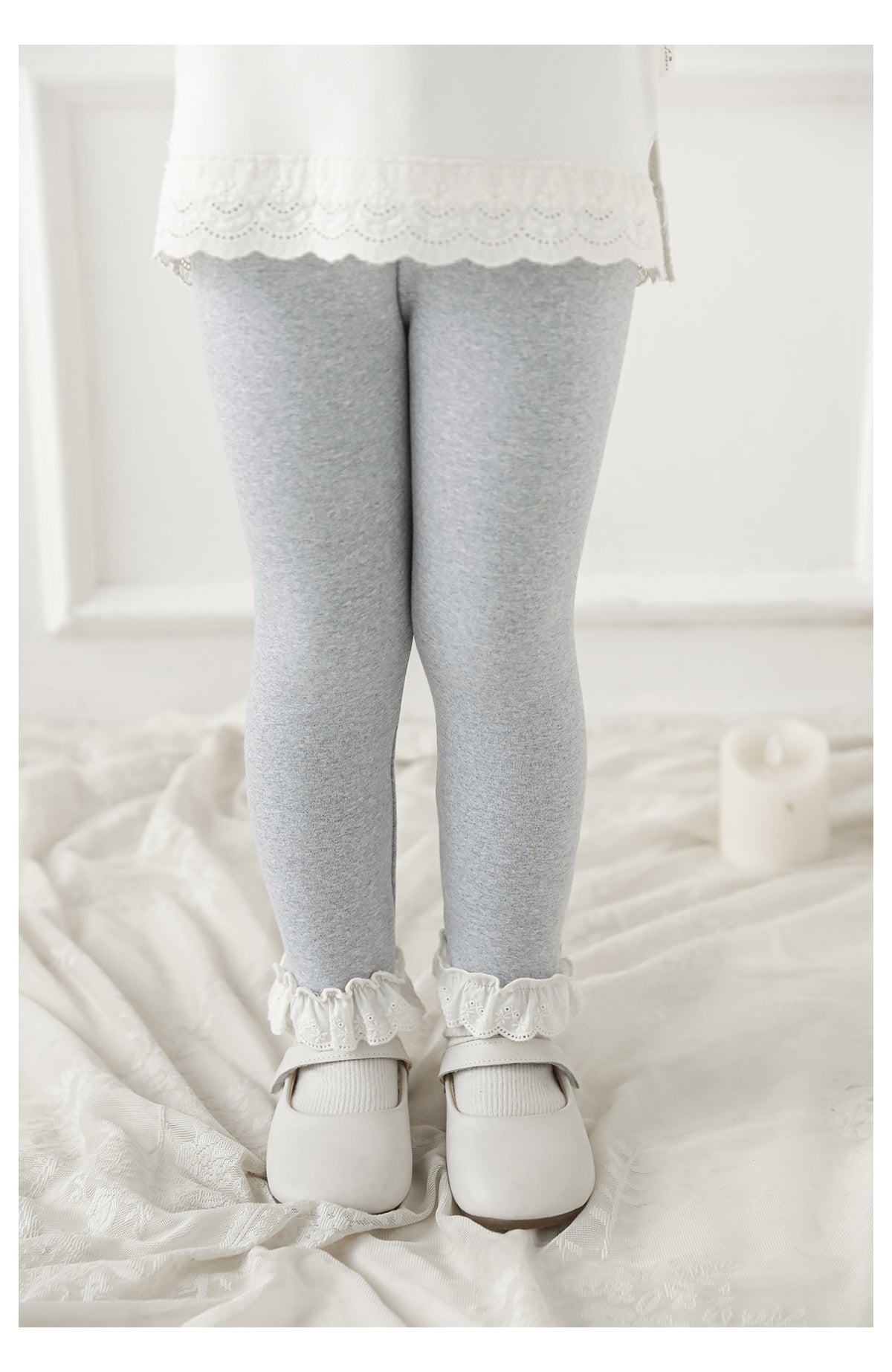Girls Lace-Trim Cotton Leggings, Marl Grey