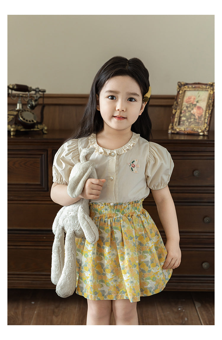 Girls Embroidered Ruffled Button-Down Blouse, Pearl