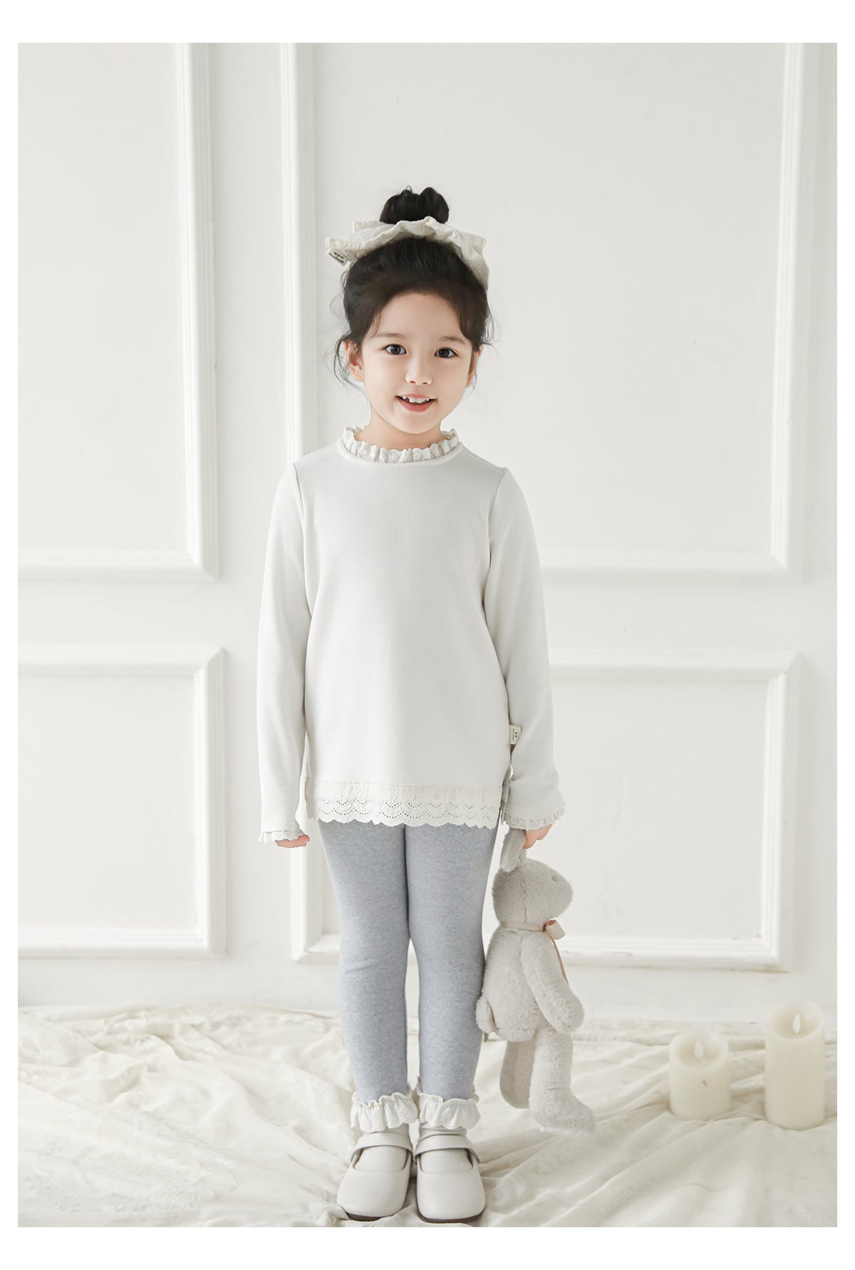 Girls Lace-Trim Cotton Leggings, Marl Grey