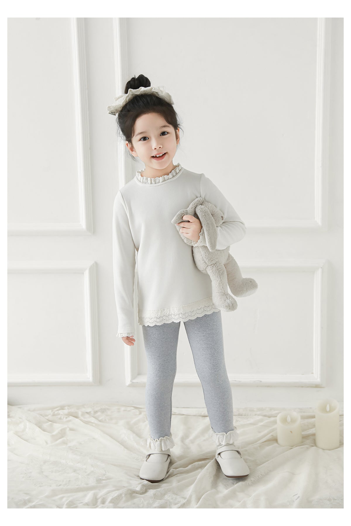 Girls Lace-Trim Cotton Leggings, Marl Grey
