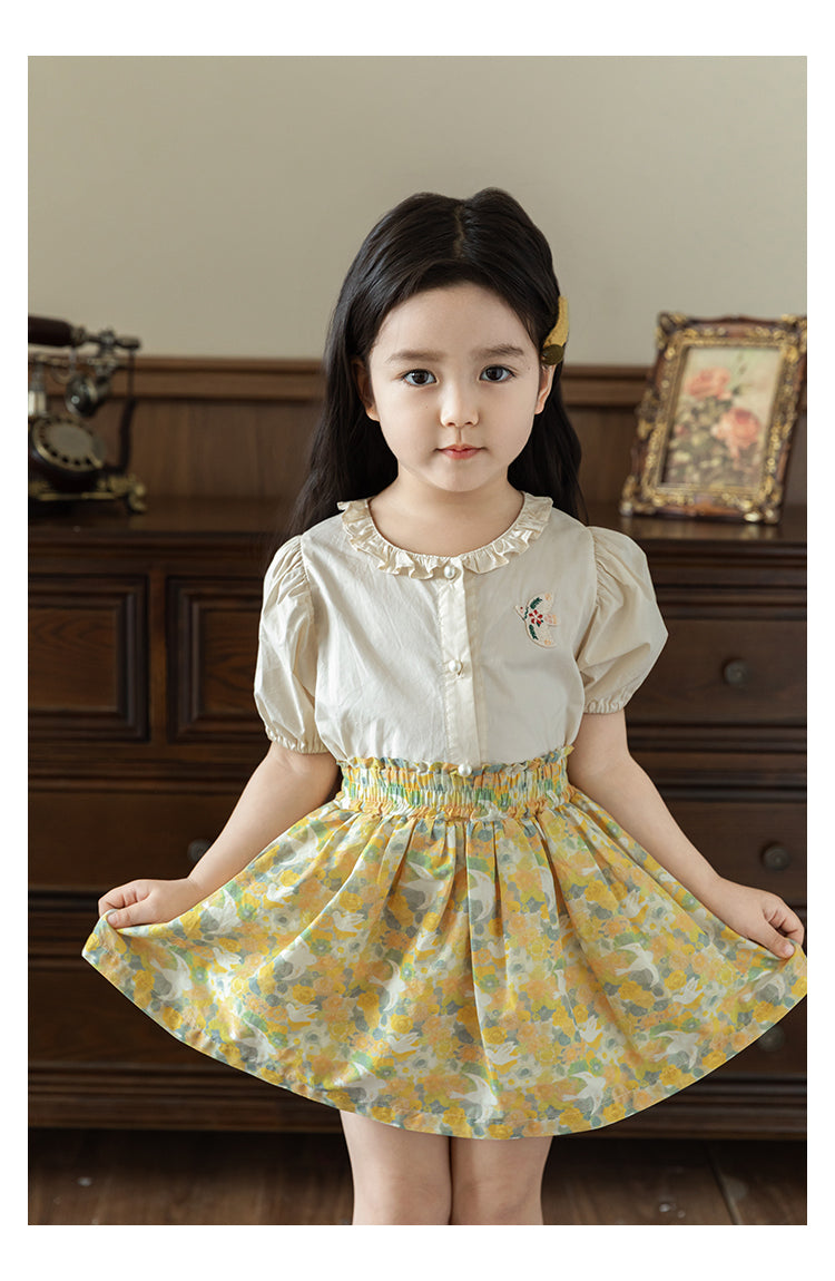 Girls Embroidered Ruffled Button-Down Blouse, Pearl