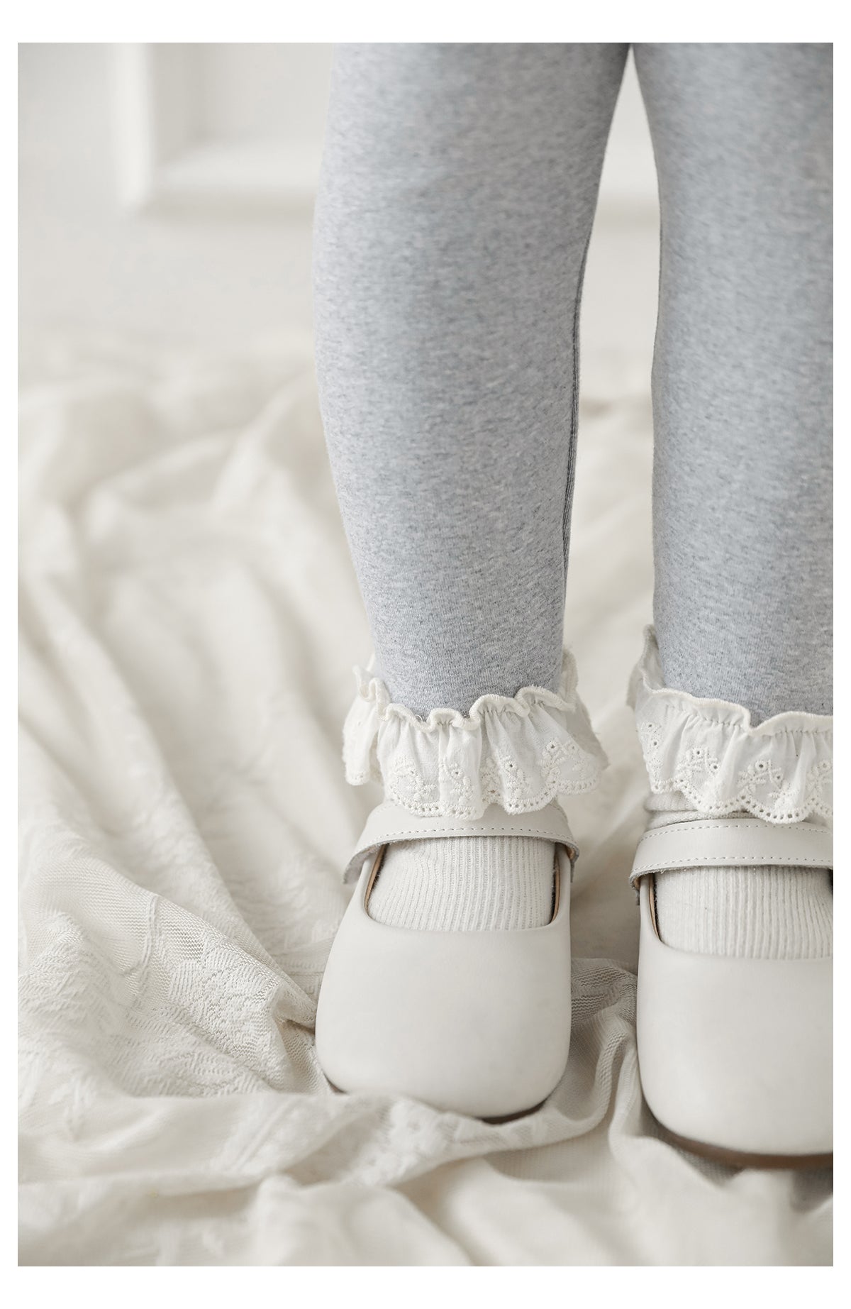 Girls Lace-Trim Cotton Leggings, Marl Grey