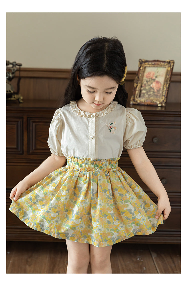 Girls Embroidered Ruffled Button-Down Blouse, Pearl