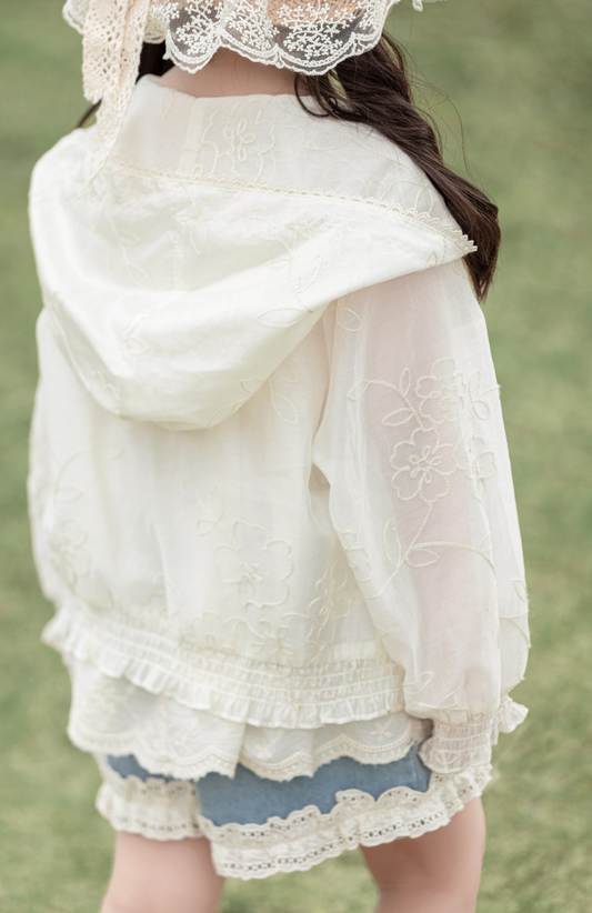 Girls Silky Floral Embroidered Jacket, Ivory