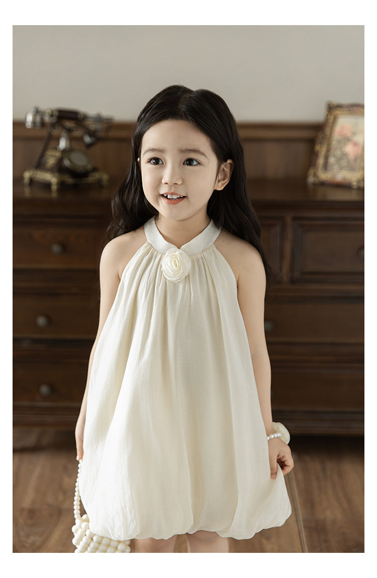 Baby Girl Bubble Hem Halter Neck Lyocell Dress, Buttercream