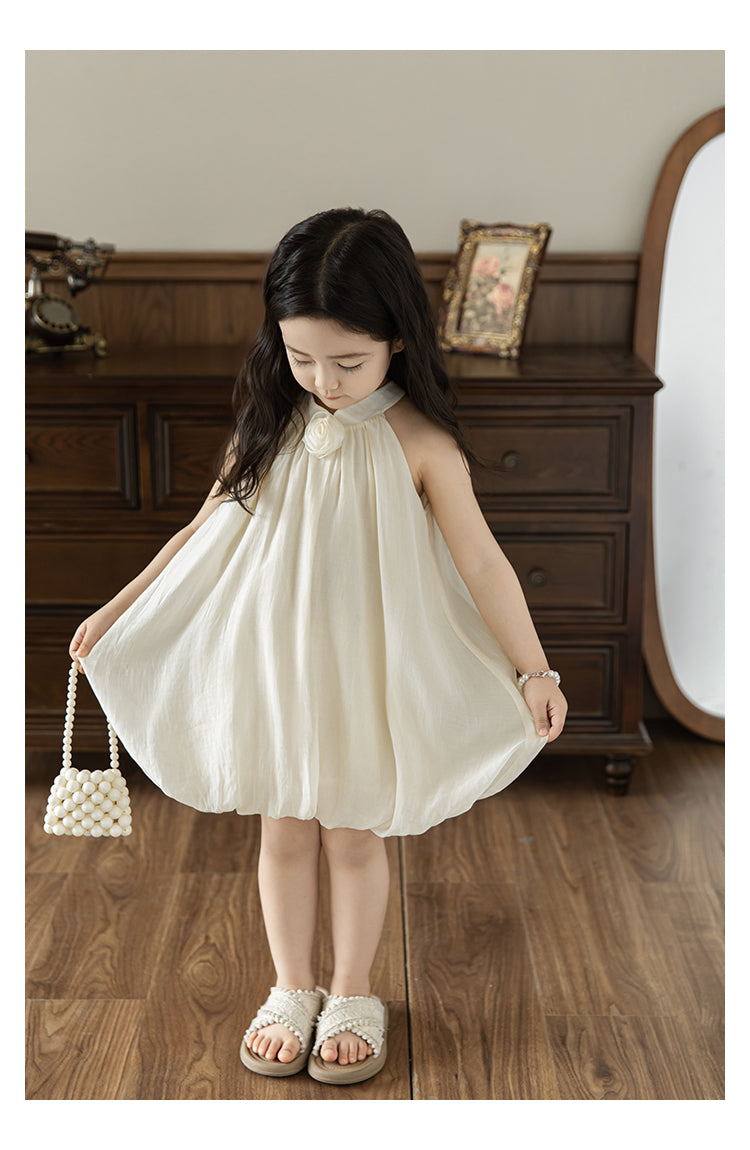 Baby Girl Bubble Hem Halter Neck Lyocell Dress, Buttercream