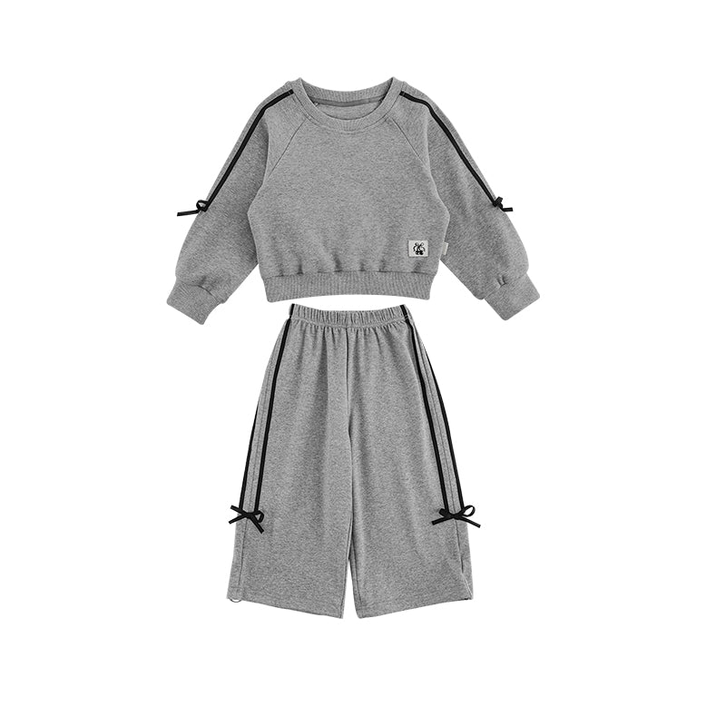 Girls grey sweatshirt and joggers set with ribbon sleeve detailing
