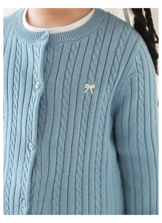 Girls Bow Embroidered Cable Knit Cardigan, Sky Blue