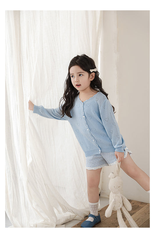 Girls Heart Pointelle Silky Soft Cardigan, Powder Blue