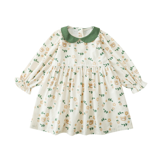 Girls long sleeve dress with bear and floral print