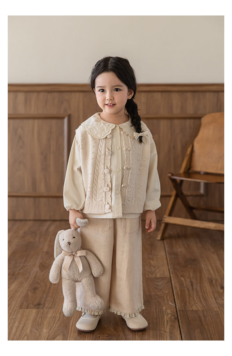 Girls Linen Blend Trousers with Ruffled Lace Hem, Oat