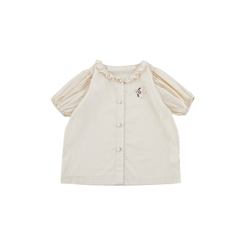 Girls button-down short sleeve shirt with ruffled neckline and dove embroidery