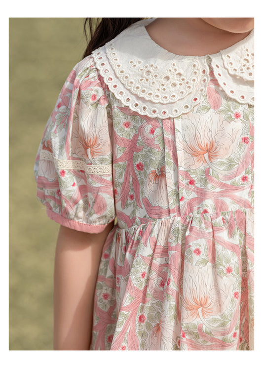 Girls Pink Floral Broderie Collar Puff-Sleeve Dress