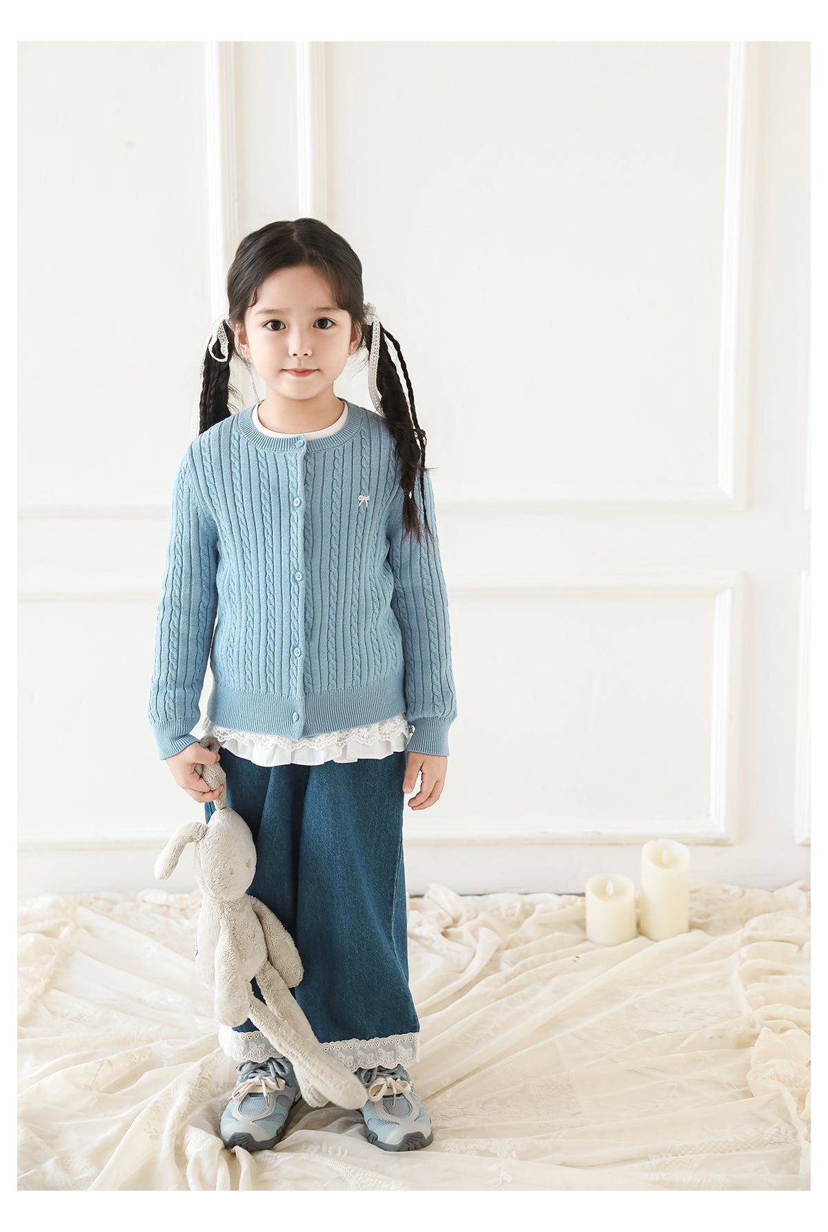 Girls Bow Embroidered Cable Knit Cardigan, Sky Blue