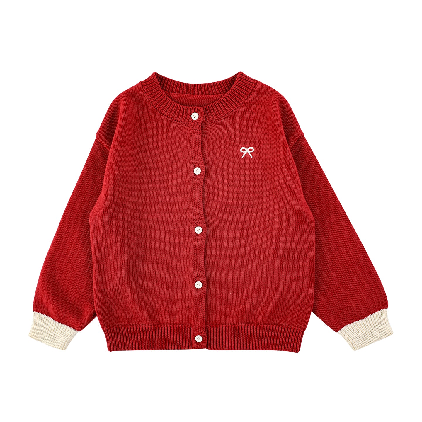 Girls Bow Embroidered Knit Cardigan, Berry Red