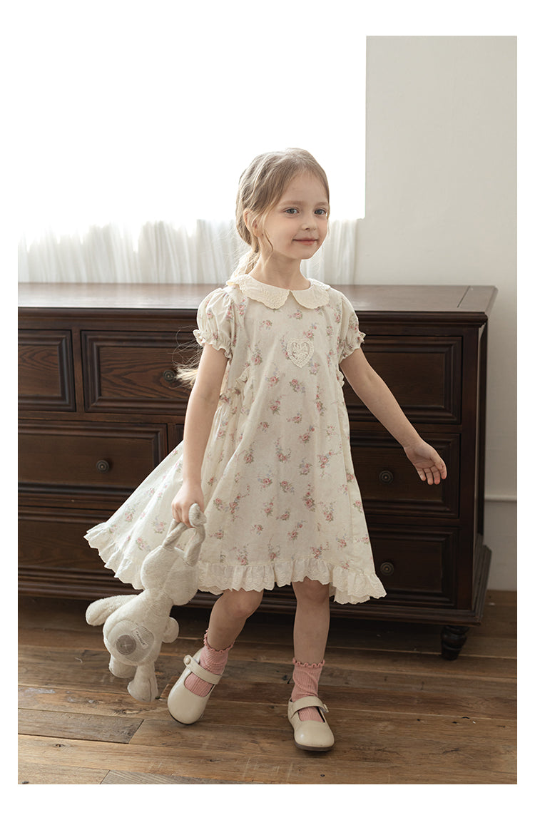 Girls Lace Embroidered Floral Dress, Ivory