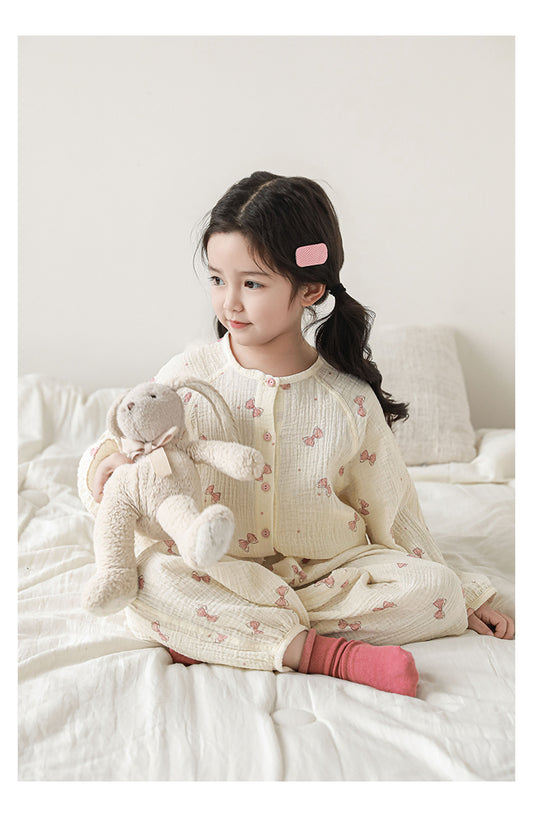 Girls Cotton Muslin Pyjama & Lounge Set, Pink Bow