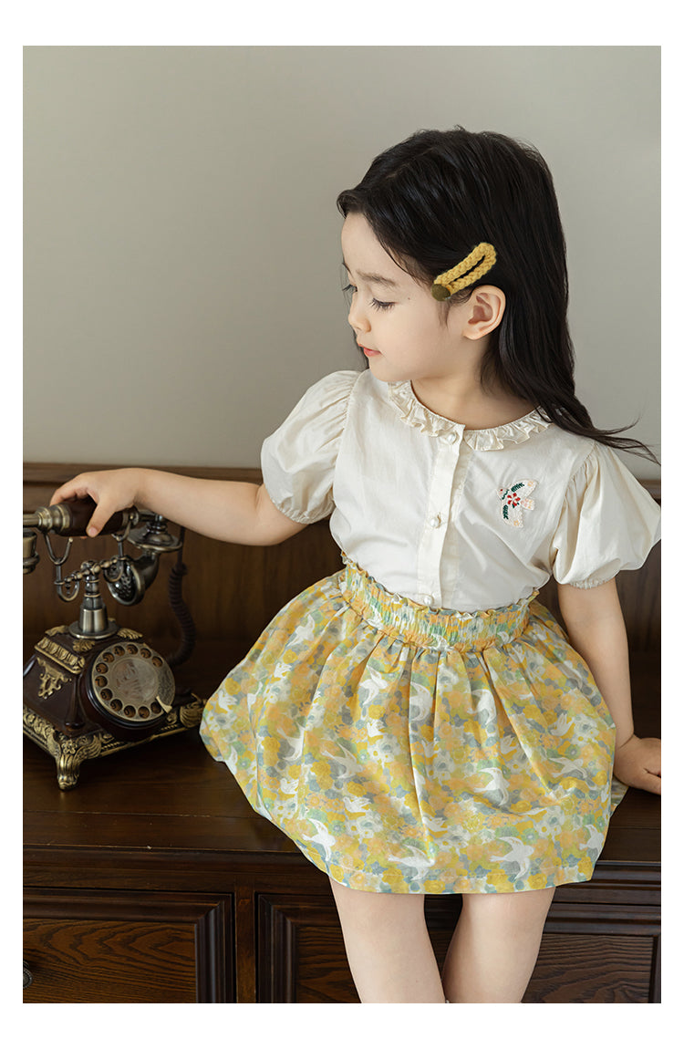 Girls Embroidered Ruffled Button-Down Blouse, Pearl