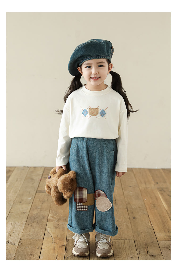 Girls Bear Patch Long Sleeve Top, Ivory White