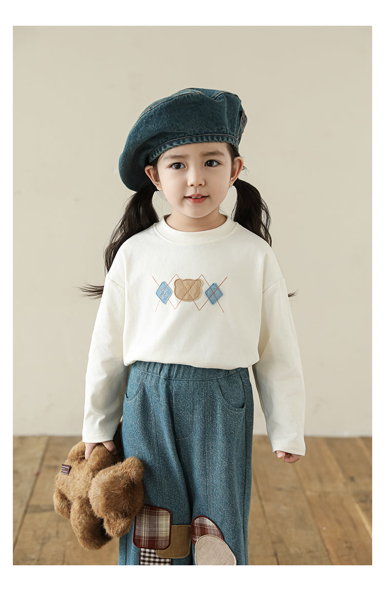 Girls Bear Patch Long Sleeve Top, Ivory White