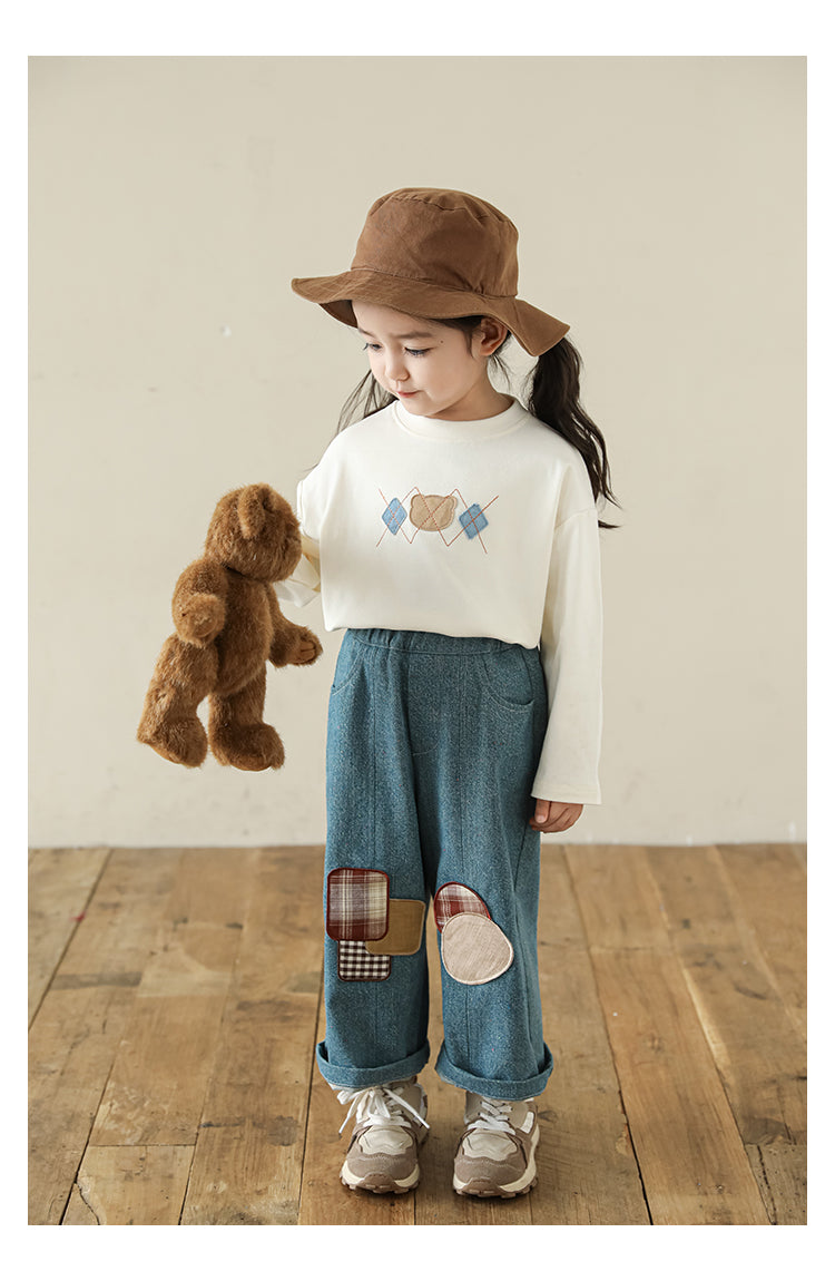 Girls Bear Patch Long Sleeve Top, Ivory White