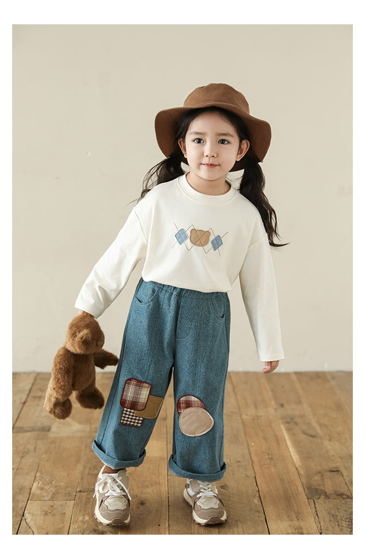 Girls Bear Patch Long Sleeve Top, Ivory White