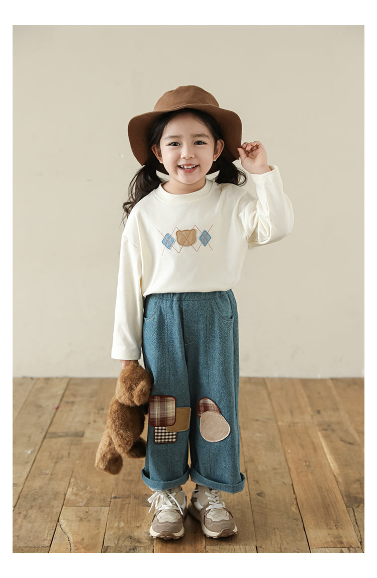 Girls Bear Patch Long Sleeve Top, Ivory White