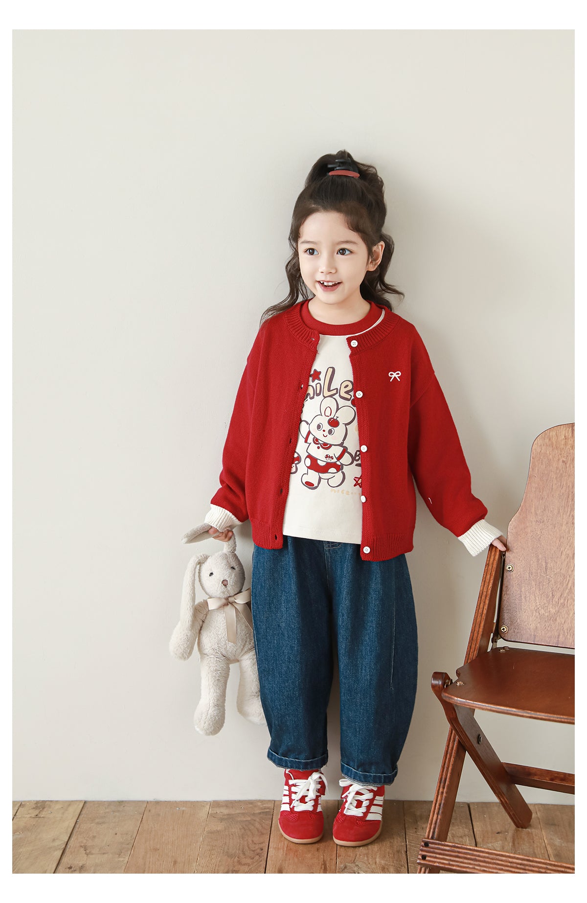 Girls Bow Embroidered Knit Cardigan, Berry Red