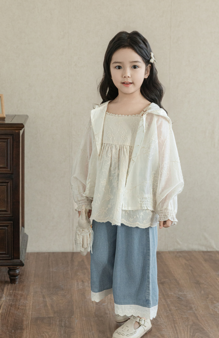 Girls Silky Floral Embroidered Jacket, Ivory