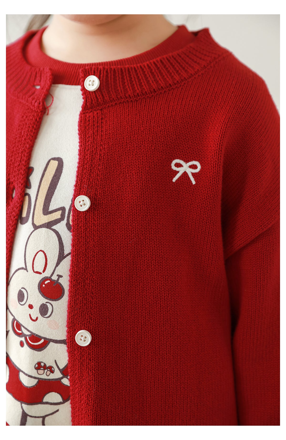 Girls Bow Embroidered Knit Cardigan, Berry Red