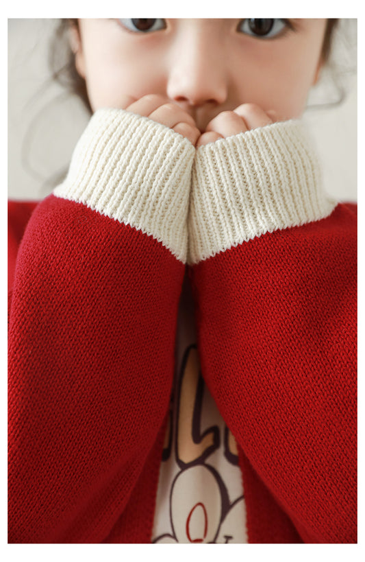 Girls Bow Embroidered Contrast Knit Cardigan, Berry Red