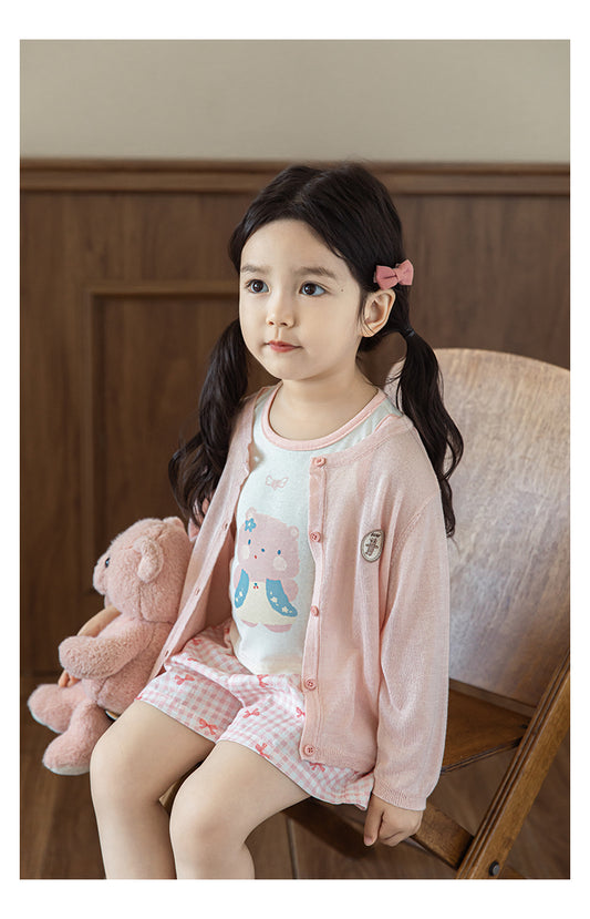 Baby Girl Bear Patch Silk Soft Cardigan, Blush Pink