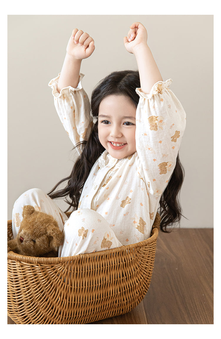 Girls Lace Collar Cotton Pyjama Set, Bear & Floral