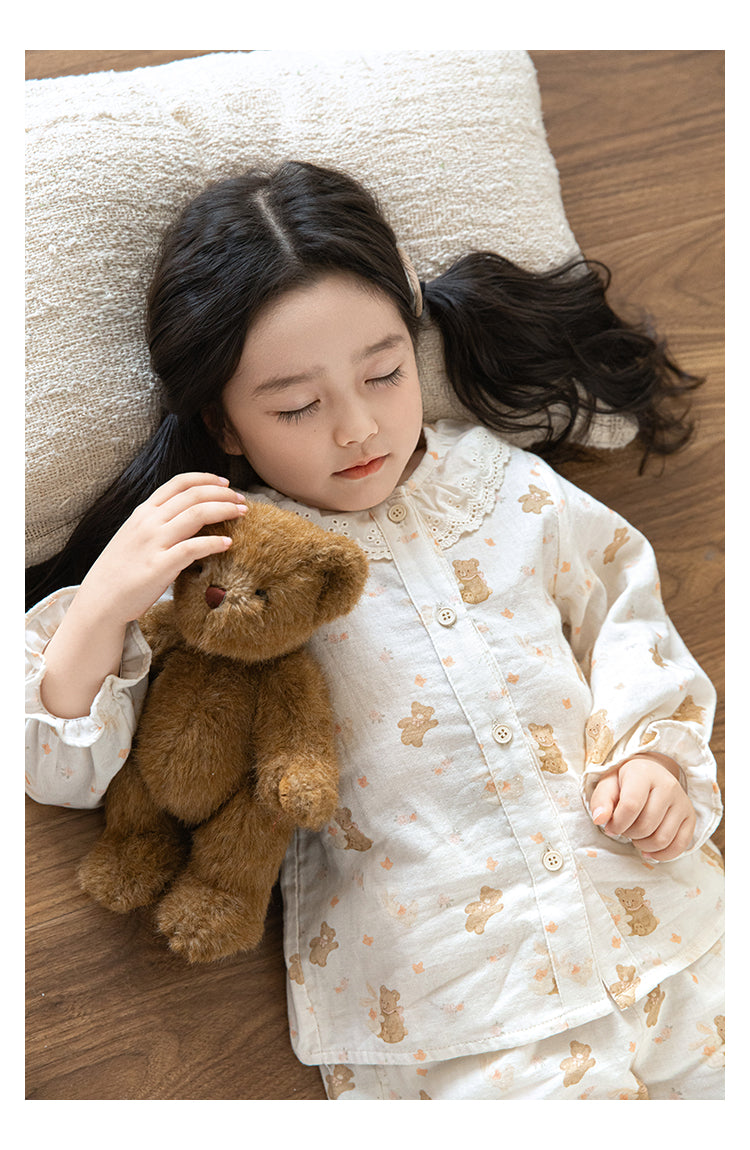 Girls Lace Collar Cotton Pyjama Set, Bear & Floral