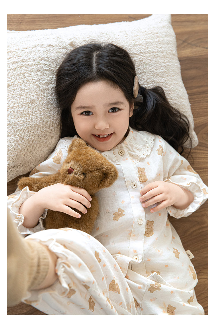 Girls Lace Collar Pyjama Set, Teddy Dreams