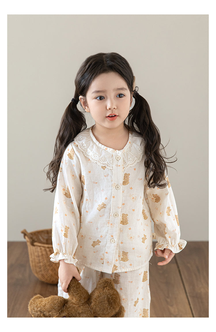 Girls Lace Collar Pyjama Set, Teddy Dreams