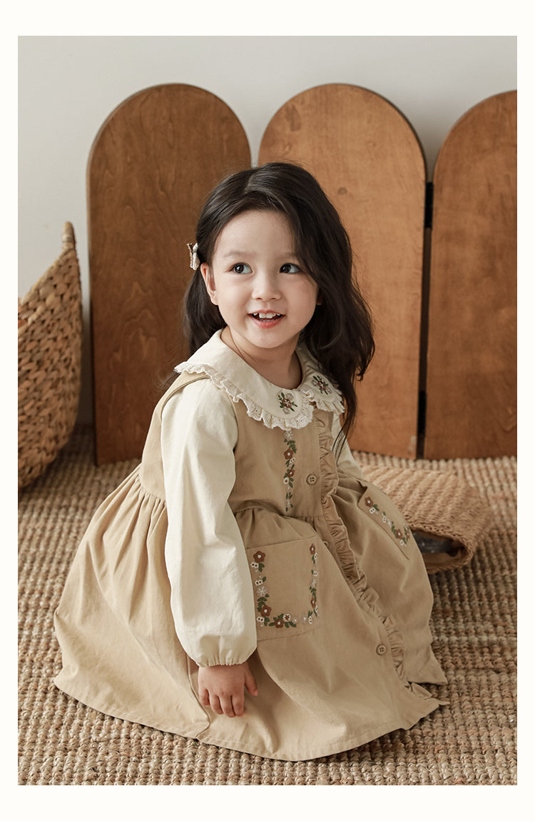 Girls Floral Embroidered Button-Front Dress, Beige